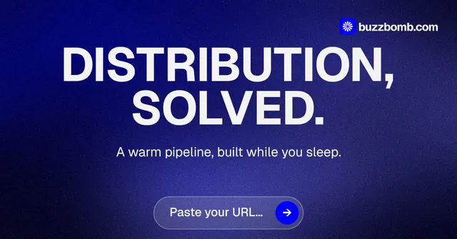 Social ad for BuzzBomb: "Distribution, solved." Agentic glass style, centred layout, dark palette in blue.