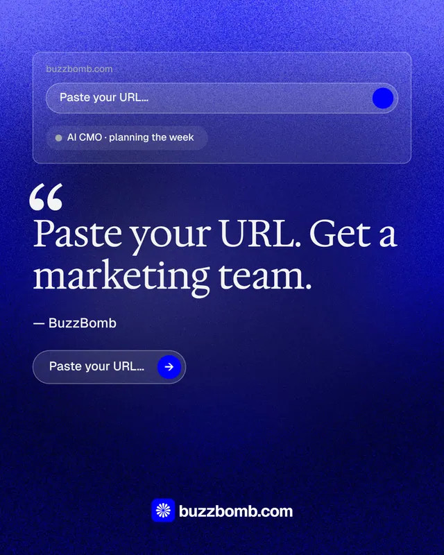 Instagram portrait post for BuzzBomb: "One launch. A week of posts." Agentic glass style, quote layout, dark palette in blue.