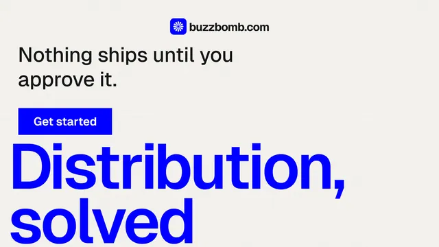 Landscape graphic for BuzzBomb: "Distribution, solved." Swiss style, oversized layout, light palette in white, blue.