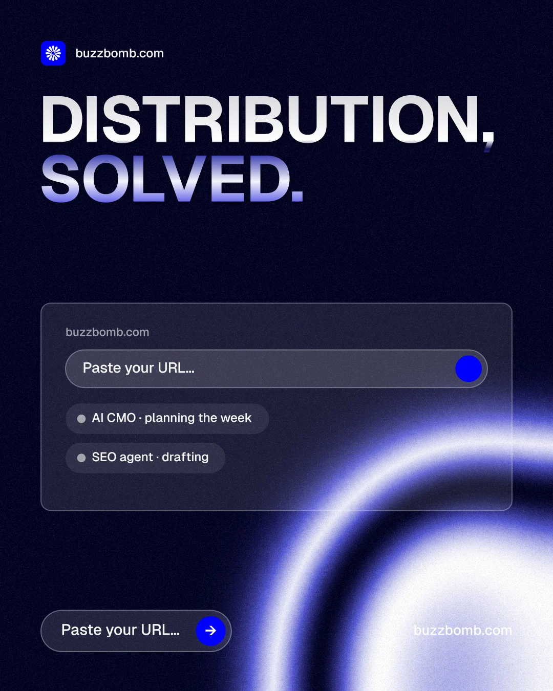 Instagram portrait post for BuzzBomb: "Distribution, solved." Agentic glass style, poster layout, dark palette in black, blue.