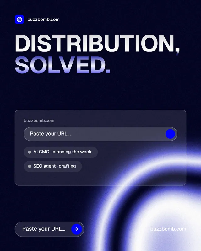 Instagram portrait post for BuzzBomb: "Distribution, solved." Agentic glass style, poster layout, dark palette in black, blue.
