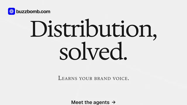 Landscape graphic for BuzzBomb: "Distribution, solved." Swiss style, smallcaps layout, light palette in white, grey.
