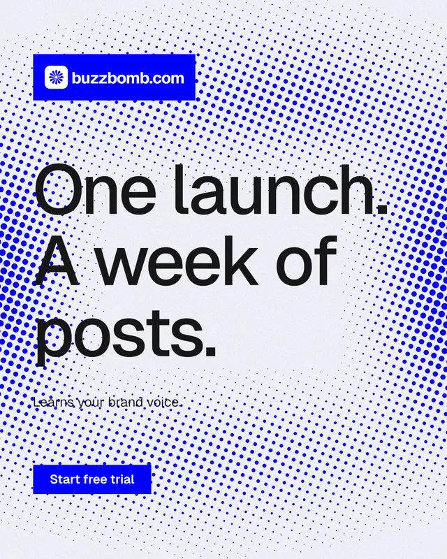 Instagram portrait post for BuzzBomb: "One launch. A week of posts." Swiss style, announce layout, light palette in blue, white.