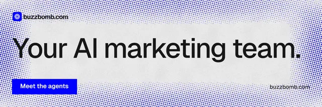 X header for BuzzBomb: "Your AI marketing team." Swiss style, poster layout, light palette in blue, white.