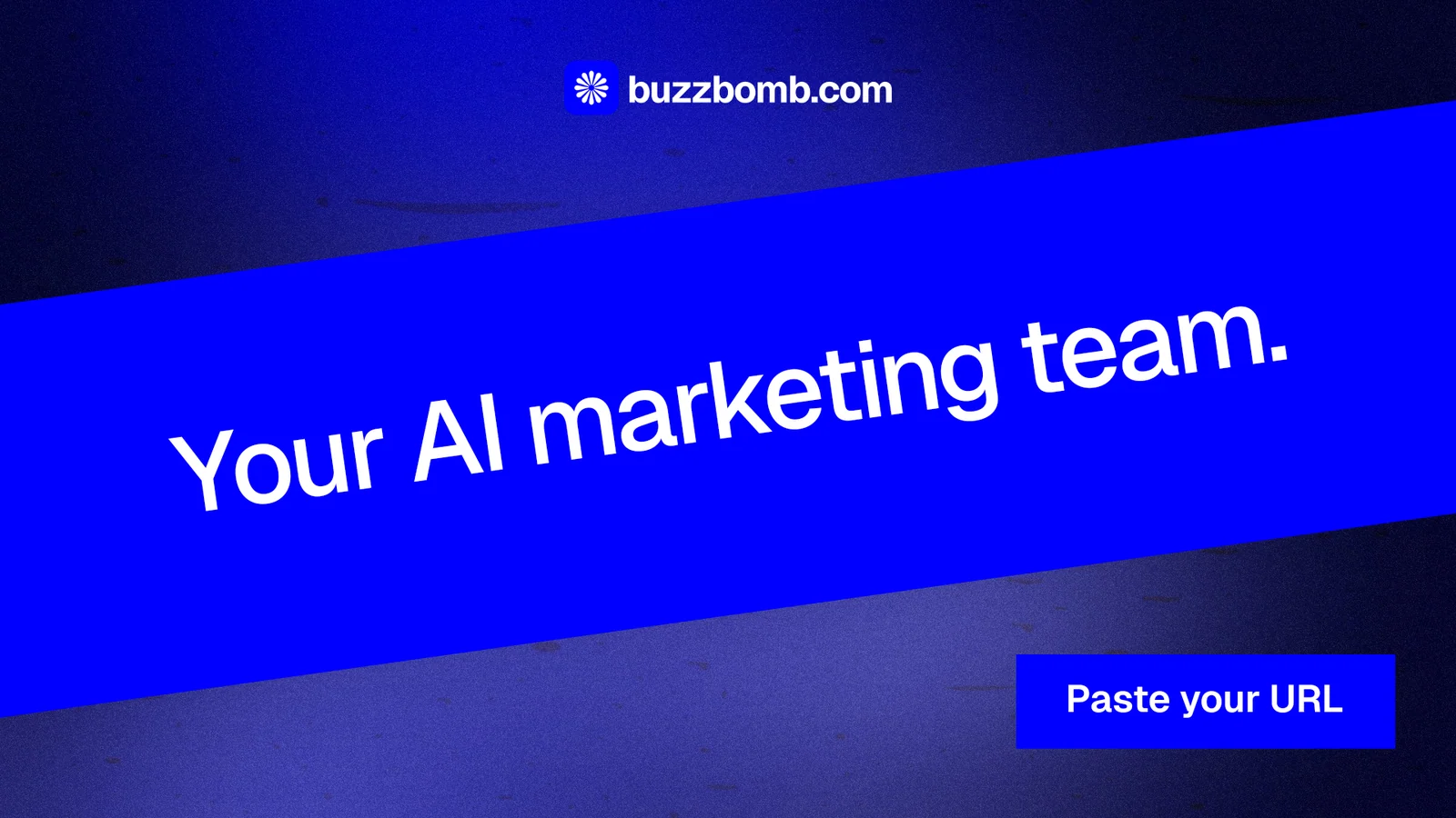 Landscape graphic for BuzzBomb: "Your AI marketing team." Swiss style, diagonal layout, dark palette in blue.
