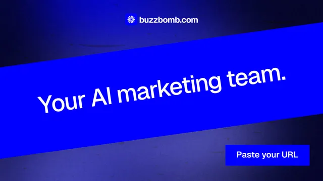 Landscape graphic for BuzzBomb: "Your AI marketing team." Swiss style, diagonal layout, dark palette in blue.