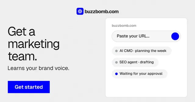 Social ad for BuzzBomb: "Get a marketing team." Swiss style, bottom layout, light palette in white, blue.