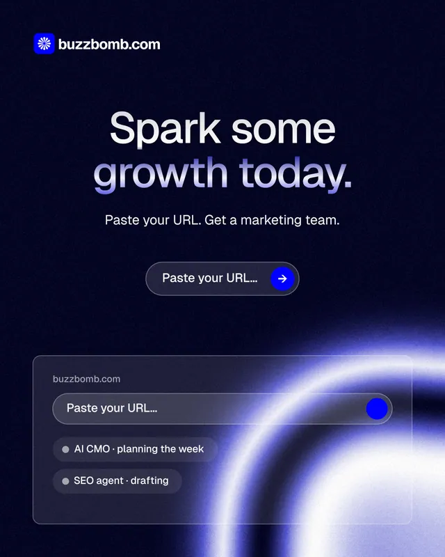Instagram portrait post for BuzzBomb: "Spark some growth today." Agentic glass style, centred layout, dark palette in black, blue.