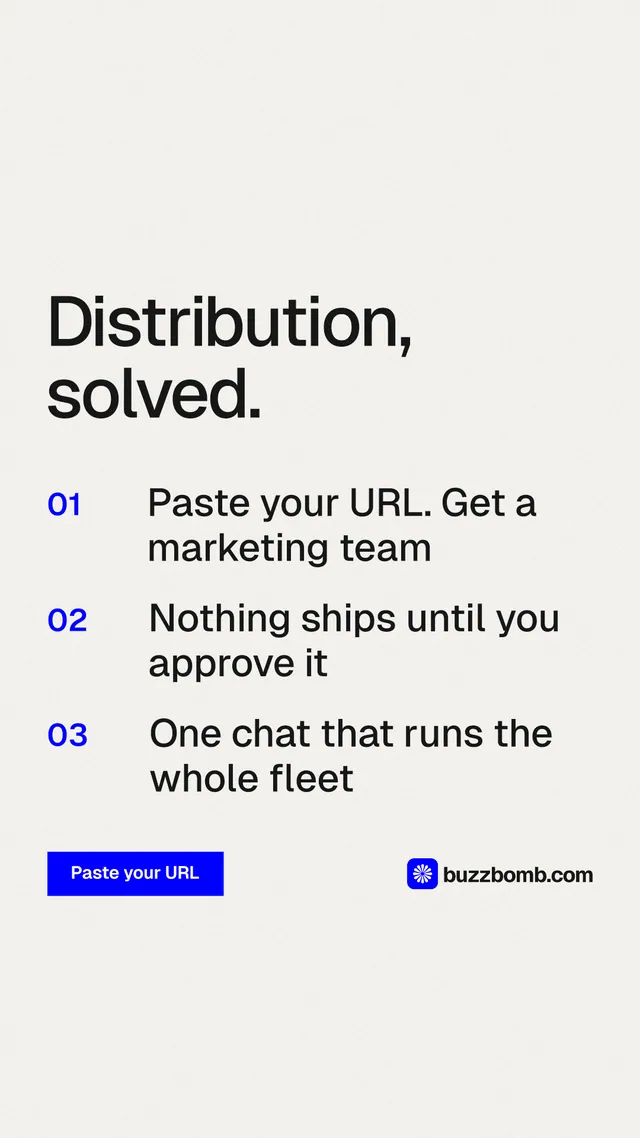 Instagram story for BuzzBomb: "Distribution, solved." Swiss style, numbered layout, light palette in white, grey.