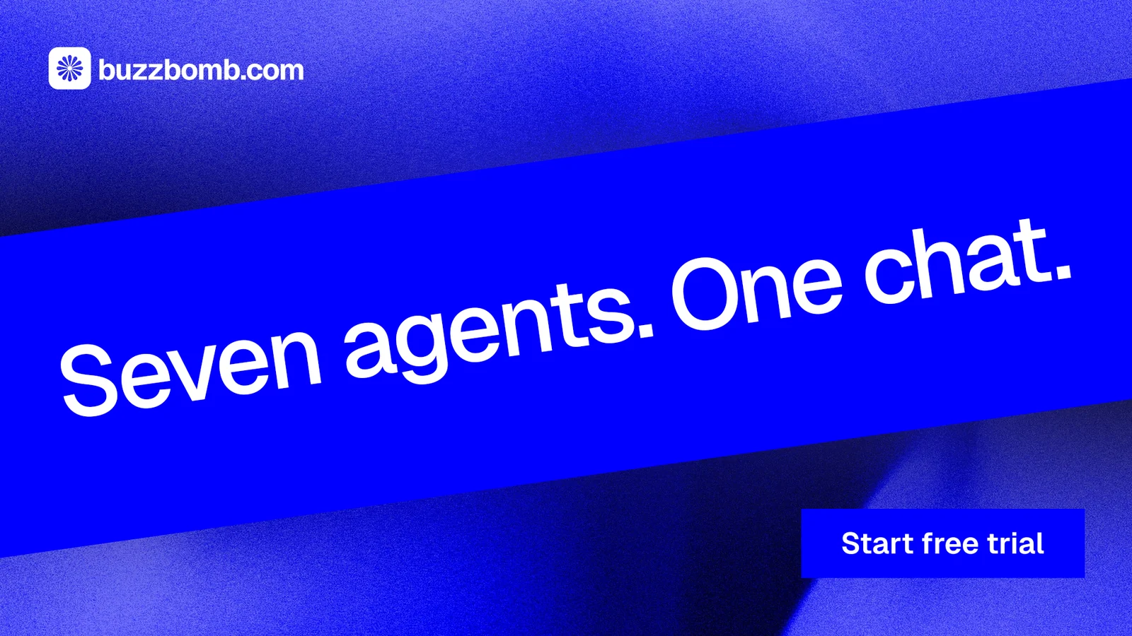 Landscape graphic for BuzzBomb: "Seven agents. One chat." Swiss style, diagonal layout, dark palette in blue.