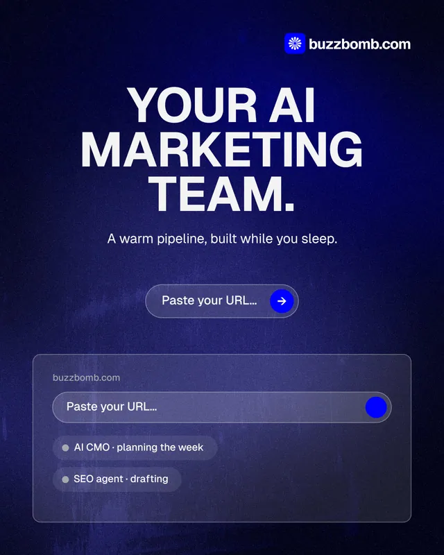 Instagram portrait post for BuzzBomb: "Your AI marketing team." Agentic glass style, centred layout, dark palette in black, blue, grey.