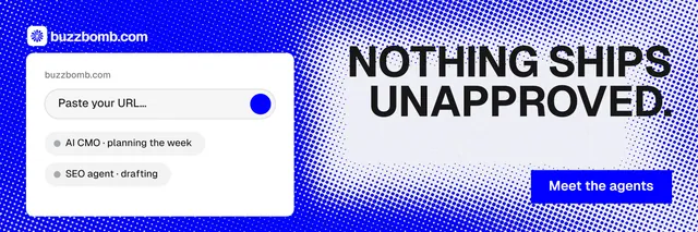 X header for BuzzBomb: "Nothing ships unapproved." Swiss style, right layout, light palette in blue, white.
