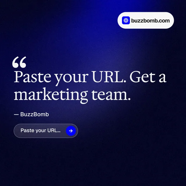 Instagram post for BuzzBomb: "Distribution, solved." Agentic glass style, quote layout, dark palette in black, blue.
