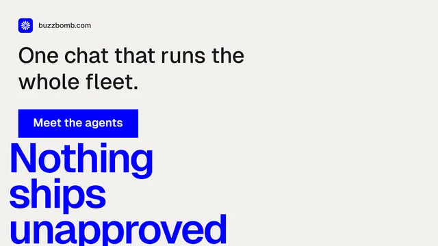 Landscape graphic for BuzzBomb: "Nothing ships unapproved." Swiss style, oversized layout, light palette in white, blue.