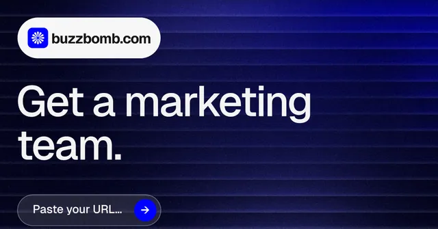 Social ad for BuzzBomb: "Get a marketing team." Agentic glass style, announce layout, dark palette in blue, black, grey.
