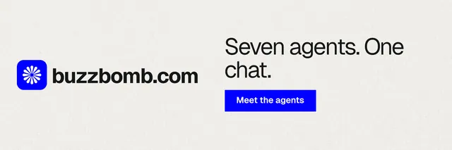 X header for BuzzBomb: "Seven agents. One chat." Swiss style, logo hero layout, light palette in white, blue.