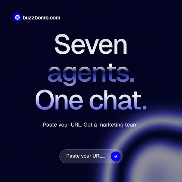 Instagram post for BuzzBomb: "Seven agents. One chat." Agentic glass style, centred layout, dark palette in black, blue.