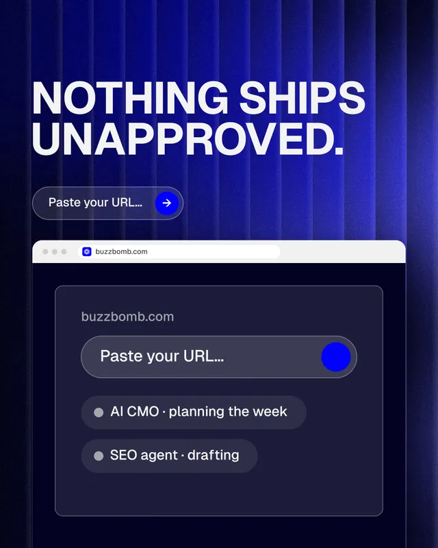 Instagram portrait post for BuzzBomb: "Nothing ships unapproved." Agentic glass style, browser layout, dark palette in blue, black, grey.