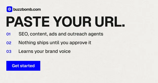 Social ad for BuzzBomb: "Paste your URL." Swiss style, numbered layout, light palette in white, grey.
