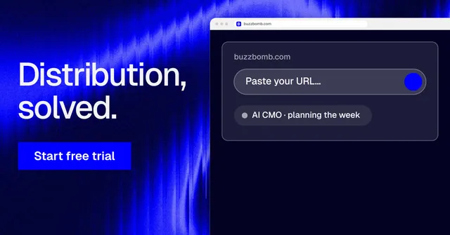 Social ad for BuzzBomb: "Distribution, solved." Swiss style, browser layout, dark palette in black, blue.