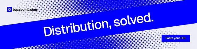 LinkedIn banner for BuzzBomb: "Distribution, solved." Swiss style, diagonal layout, dark palette in blue, white.