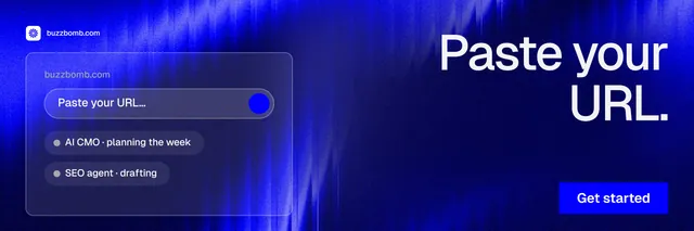 X header for BuzzBomb: "Paste your URL." Swiss style, right layout, dark palette in blue.