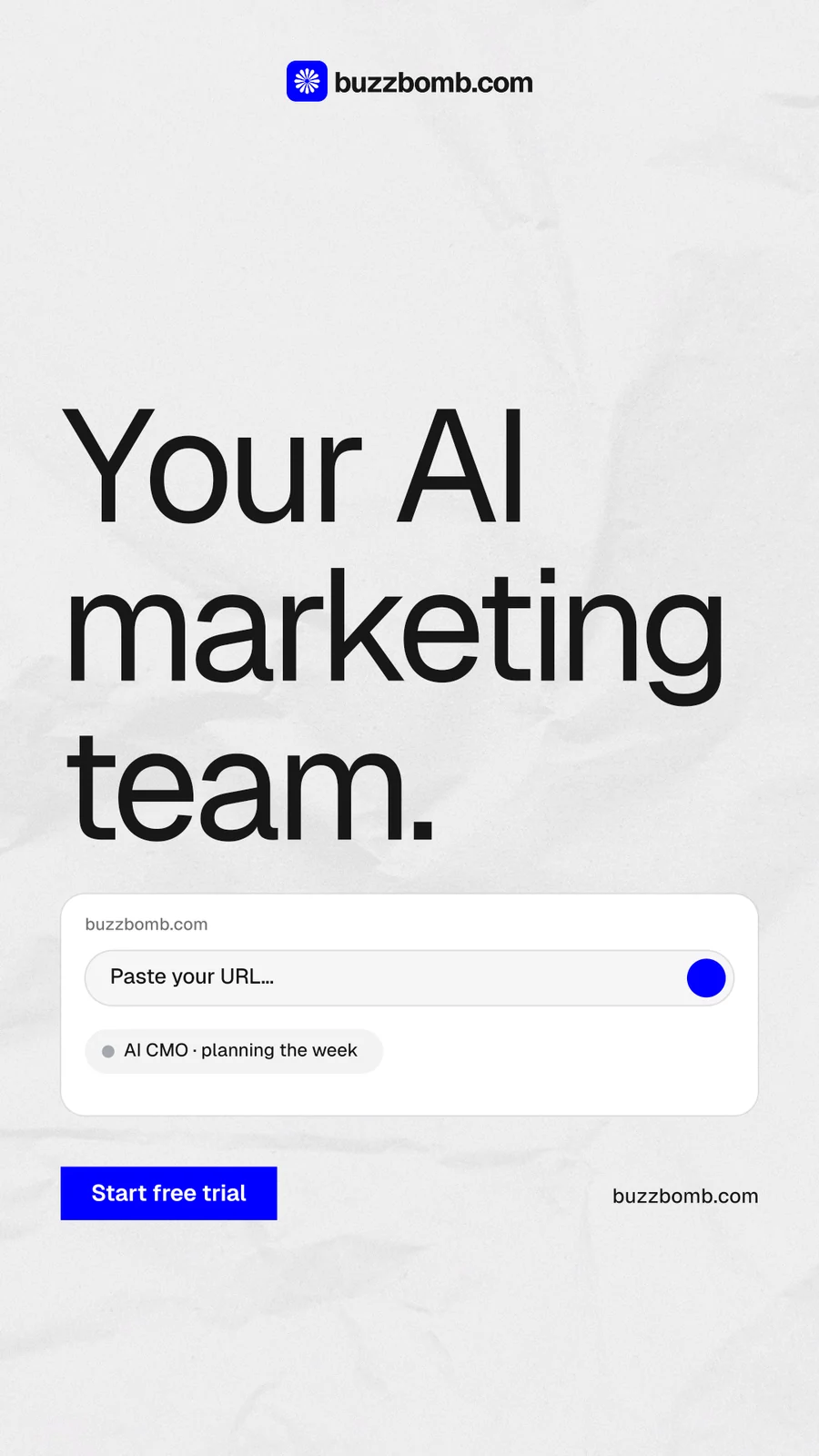 Instagram story for BuzzBomb: "Your AI marketing team." Swiss style, poster layout, light palette in white, grey.