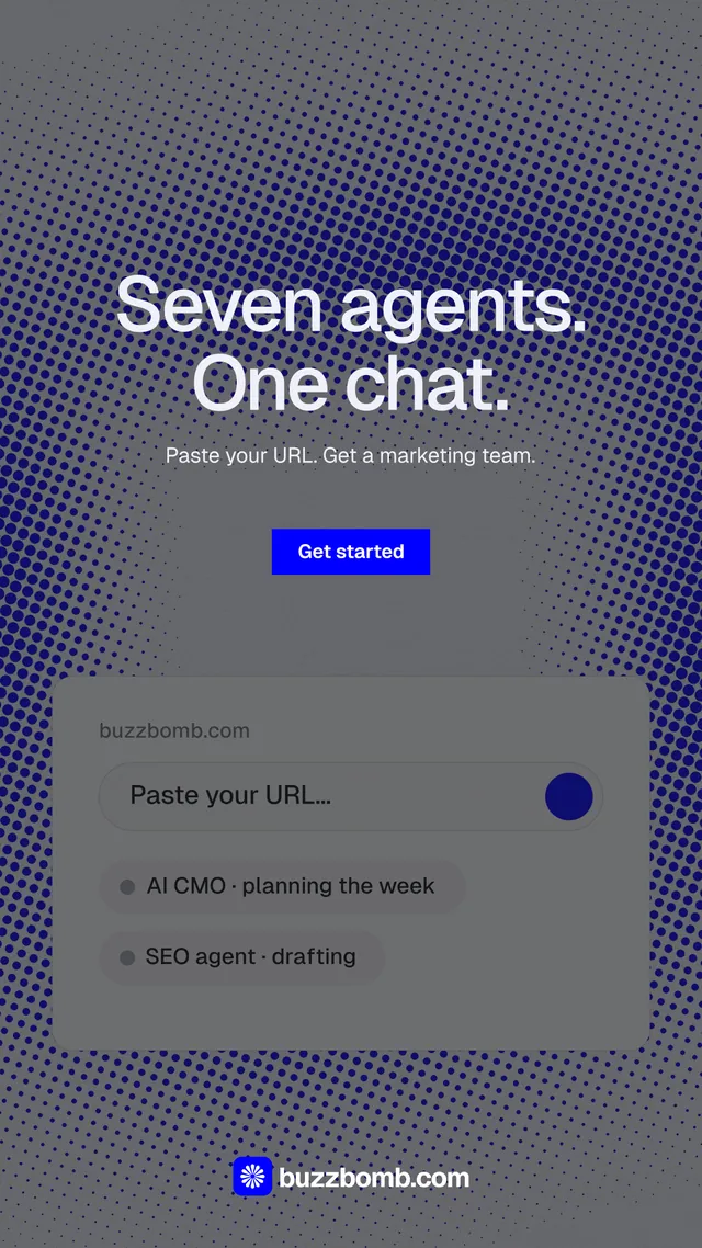Instagram story for BuzzBomb: "Seven agents. One chat." Split block style, centred layout, dark palette in grey, blue.