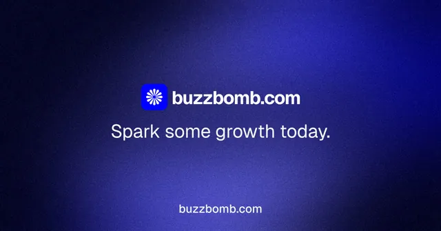 Social ad for BuzzBomb: "Spark some growth today." Swiss style, end card layout, dark palette in black, blue.