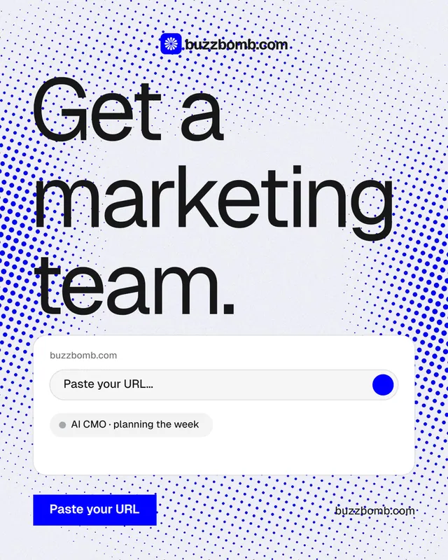 Instagram portrait post for BuzzBomb: "Get a marketing team." Swiss style, poster layout, light palette in blue, white.