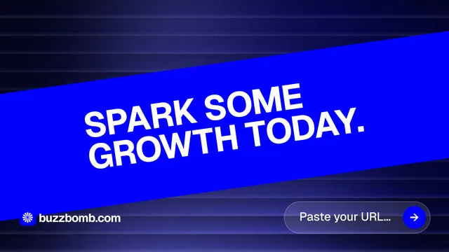 Landscape graphic for BuzzBomb: "Spark some growth today." Agentic glass style, diagonal layout, dark palette in blue.