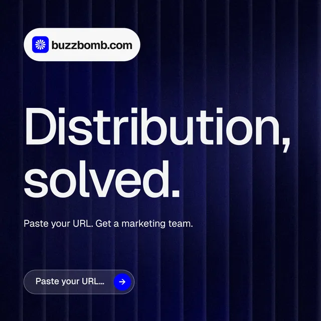 Instagram post for BuzzBomb: "Distribution, solved." Agentic glass style, announce layout, dark palette in black, blue, grey.