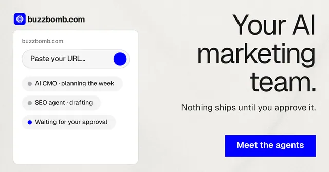 Social ad for BuzzBomb: "Your AI marketing team." Swiss style, right layout, light palette in white, blue.