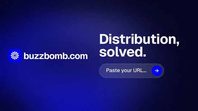 Landscape graphic for BuzzBomb: "Distribution, solved." Agentic glass style, logo hero layout, dark palette in black, blue.