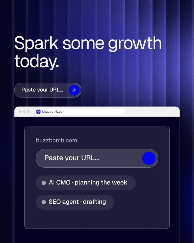 Instagram portrait post for BuzzBomb: "Spark some growth today." Agentic glass style, browser layout, dark palette in blue, black, grey.