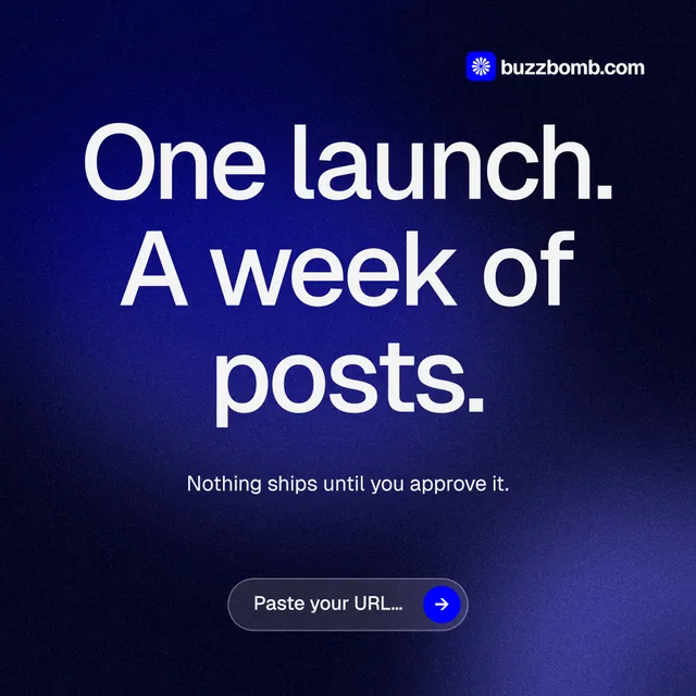 Instagram post for BuzzBomb: "One launch. A week of posts." Agentic glass style, centred layout, dark palette in black, blue.