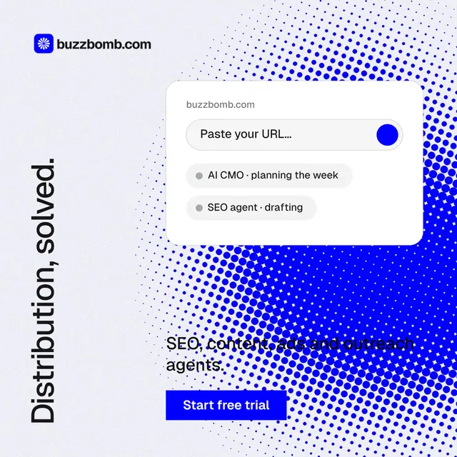 Instagram post for BuzzBomb: "Distribution, solved." Split block style, vertical layout, light palette in white, blue.
