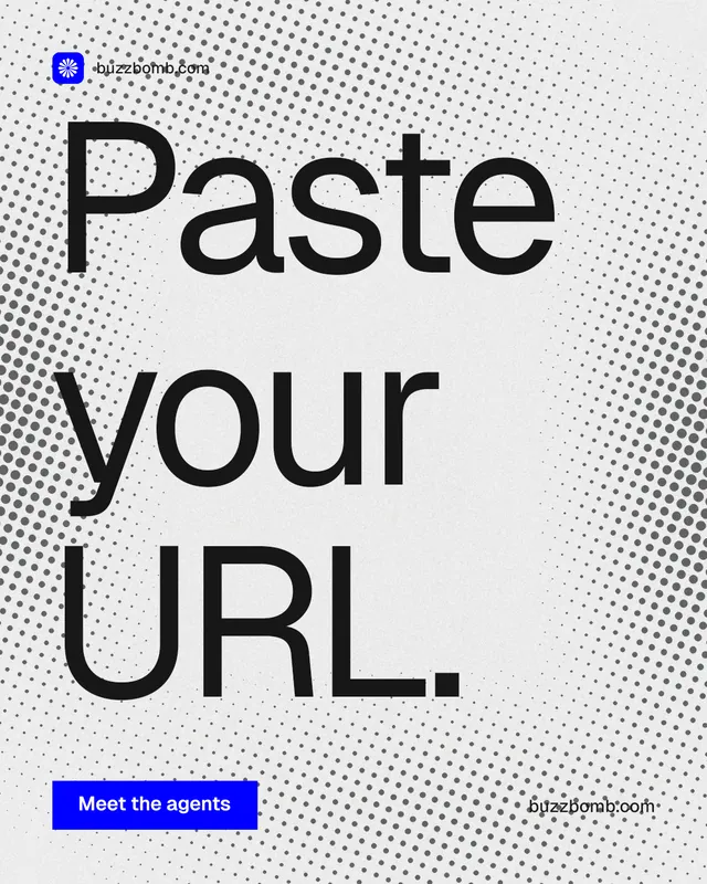 Instagram portrait post for BuzzBomb: "Paste your URL." Swiss style, poster layout, light palette in white, grey.