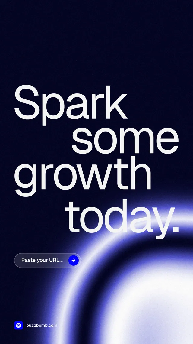 Instagram story for BuzzBomb: "Spark some growth today." Agentic glass style, stacked layout, dark palette in black, blue.