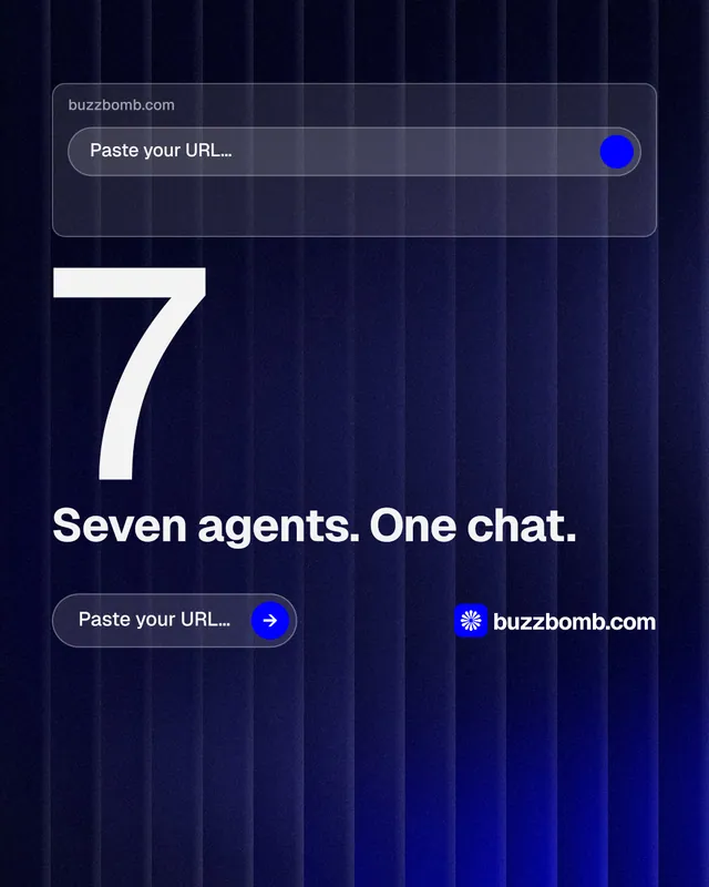 Instagram portrait post for BuzzBomb: "Paste your URL." Agentic glass style, stat layout, dark palette in blue, black, grey.