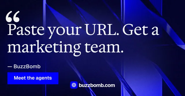 Social ad for BuzzBomb: "Your AI marketing team." Swiss style, quote layout, dark palette in black, blue.