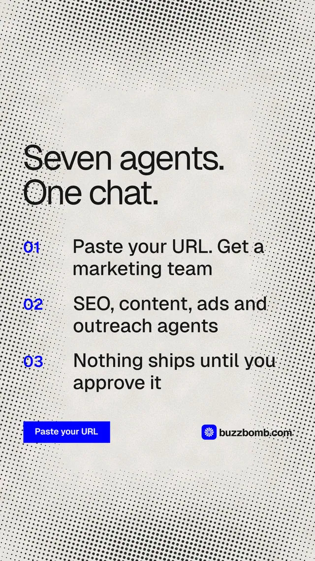 Instagram story for BuzzBomb: "Seven agents. One chat." Swiss style, numbered layout, light palette in grey, white.