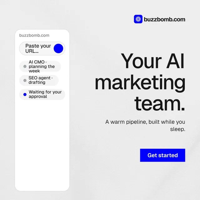 Instagram post for BuzzBomb: "Your AI marketing team." Swiss style, right layout, light palette in white, grey.