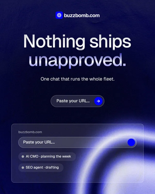 Instagram portrait post for BuzzBomb: "Nothing ships unapproved." Agentic glass style, centred layout, dark palette in blue, black.
