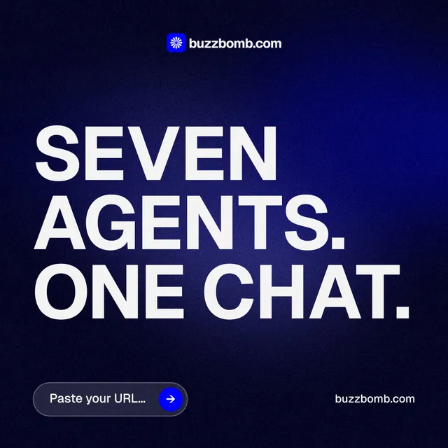 Instagram post for BuzzBomb: "Seven agents. One chat." Agentic glass style, poster layout, dark palette in black, blue, white.
