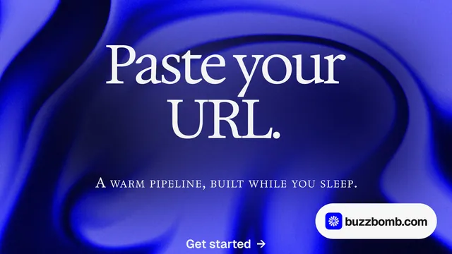 Landscape graphic for BuzzBomb: "Paste your URL." Agentic glass style, smallcaps layout, dark palette in blue.