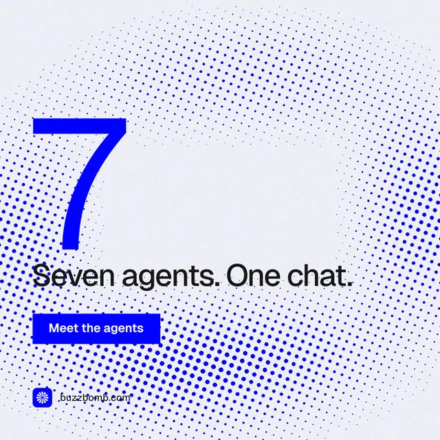 Instagram post for BuzzBomb: "Your AI marketing team." Swiss style, stat layout, light palette in blue, white.