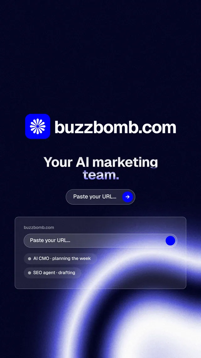 Instagram story for BuzzBomb: "Your AI marketing team." Agentic glass style, logo hero layout, dark palette in black, blue.
