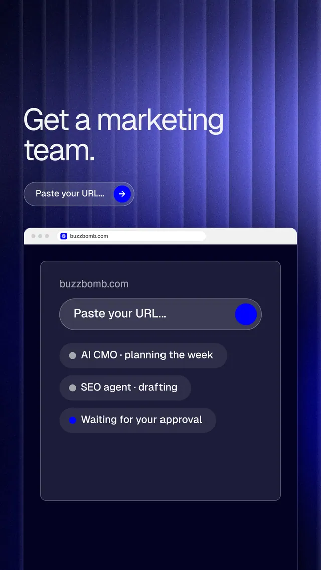 Instagram story for BuzzBomb: "Get a marketing team." Agentic glass style, browser layout, dark palette in blue, black.
