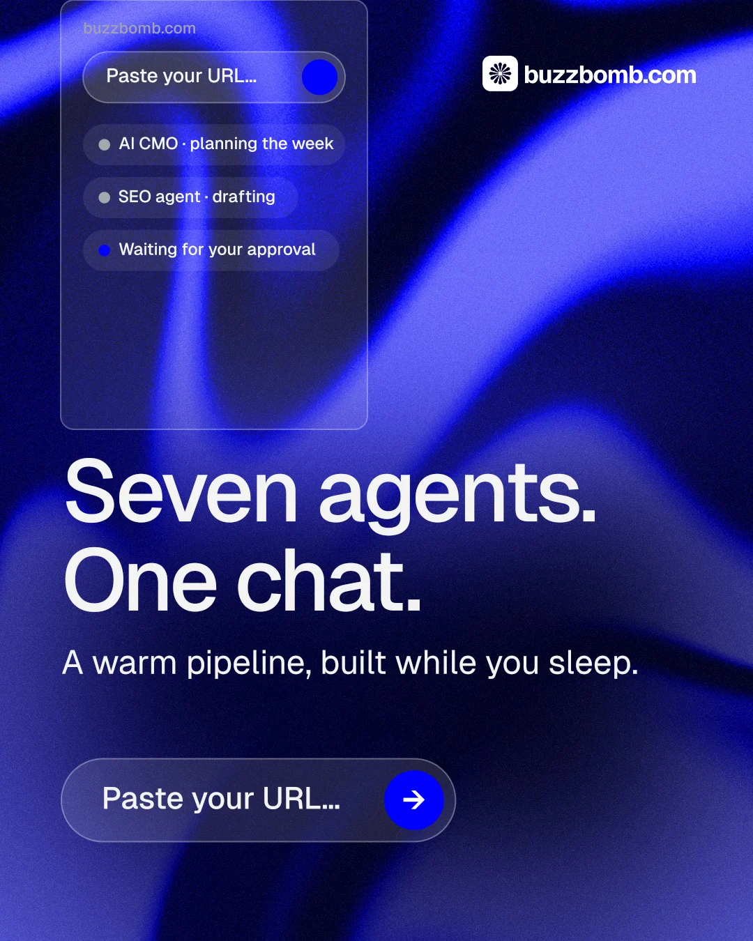 Instagram portrait post for BuzzBomb: "Seven agents. One chat." Agentic glass style, skeleton layout, dark palette in blue.